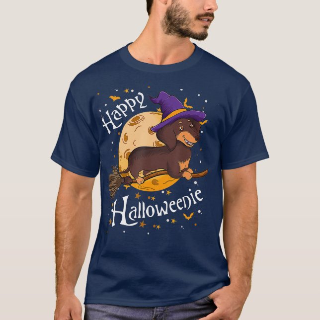 T-shirt Happy Halloweenie Dachshund Dog Halloween Witch (Devant)