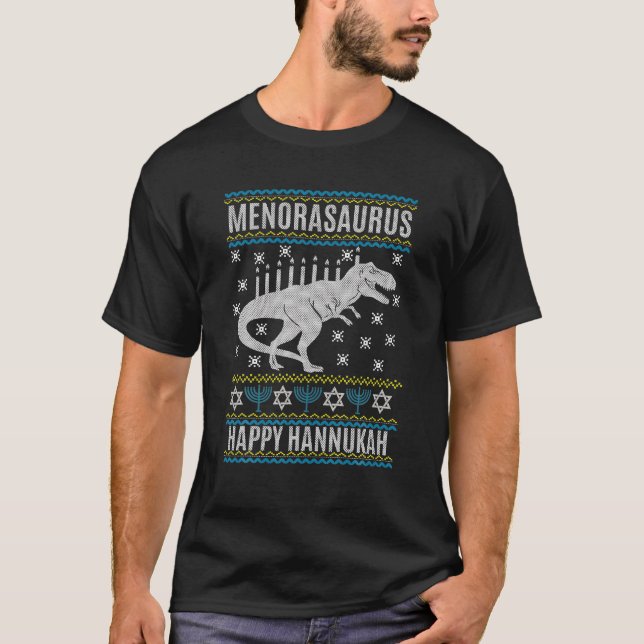 T-shirt Happy Hanoukka Dinosaur T - Rex Menorah (Devant)