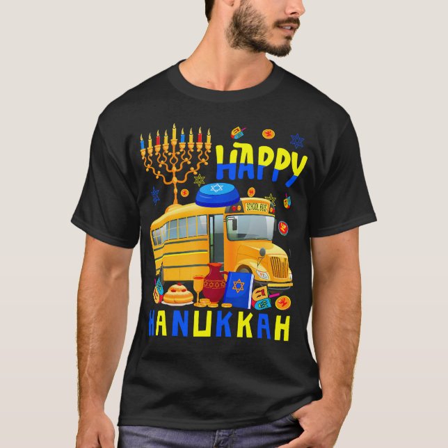 T-shirt Happy Hanukkah School Bus With Menorah Dreidel Fun (Devant)