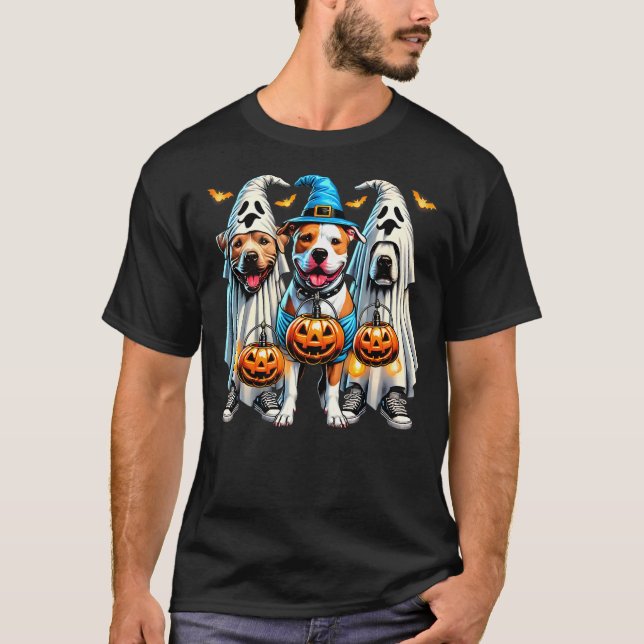 T-shirt Happy Howl-o-ween Halloween Pitbull Dog Pumpkin Gr (Devant)