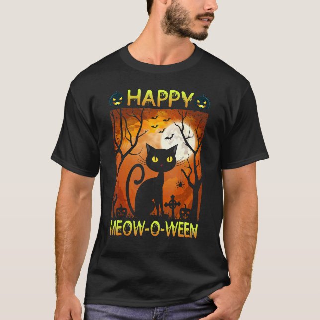 T-shirt Happy Meow O N Costume d'Halloween Chat noir Scary (Devant)