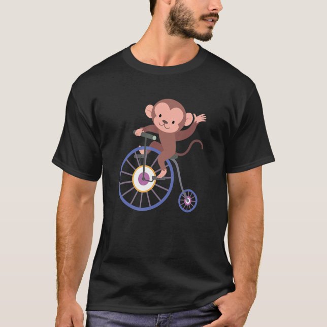 T-shirt Happy Monkey Riding Bicycle and Waving Hand Cute A (Devant)