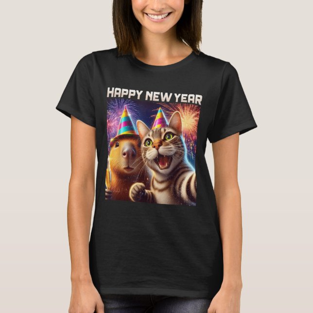 T-shirt Happy New Year 2026 Cute Cat Capybara Party Art  (Devant)