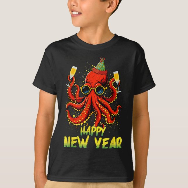 T-shirt Happy New Year 2026 Octopus Drinking Champagne New (Devant)