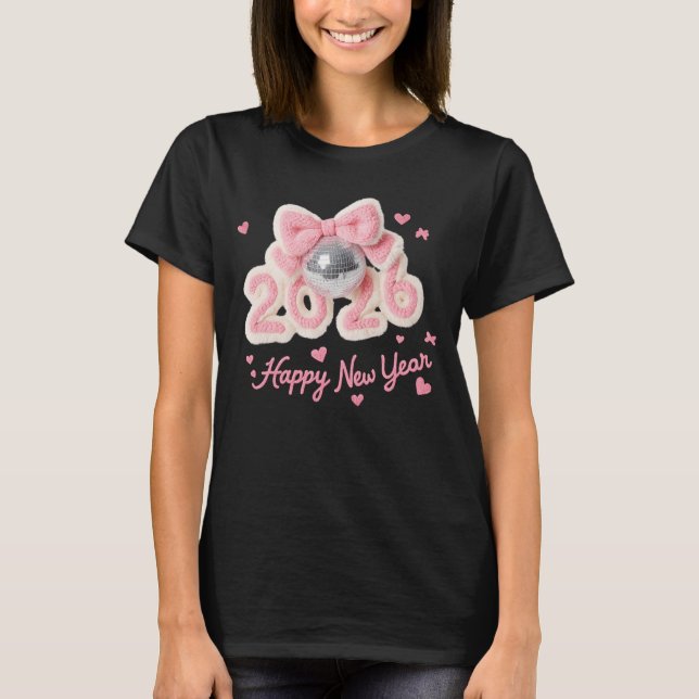 T-shirt Happy New Year 2026 Pink Fuzzy Disco Ball Tee (Devant)