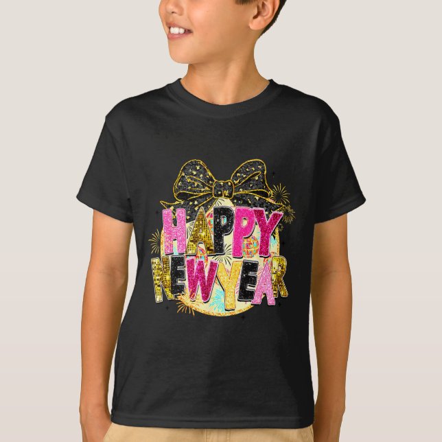 T-shirt Happy New Year Disco Ball Coquette Bow New Years E (Devant)