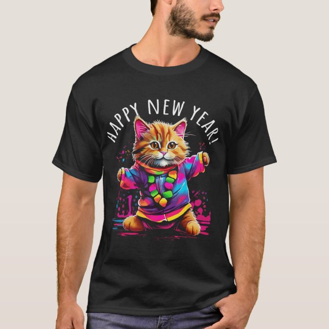 T-shirt Happy New Year Party Dancing Cat Design  (Devant)
