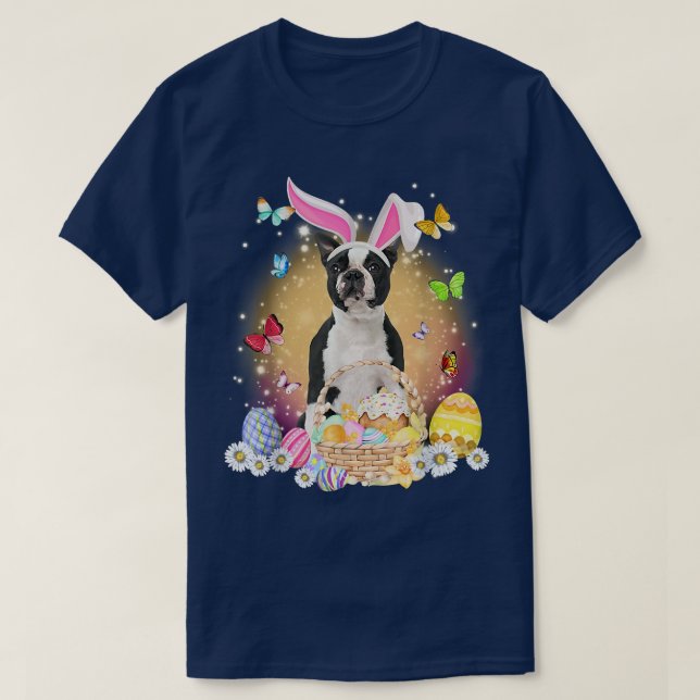 T-shirt Happy Pâques mignon lapin chien Boston Terrier oeu (Design devant)
