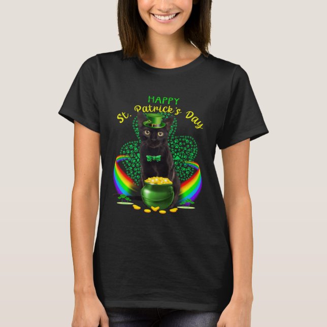 T-shirt Happy St Patricks Day Black Cat Leprechaun Hat Sha (Devant)