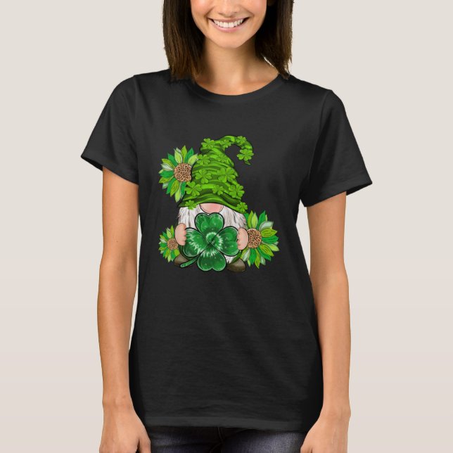 T-shirt Happy St Patrick's Day Gnome with Leopard Sunflowe (Devant)