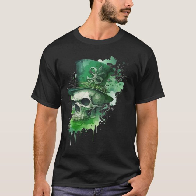 T-shirt Happy St Patricks Day Skull C Green Shamrock (Devant)