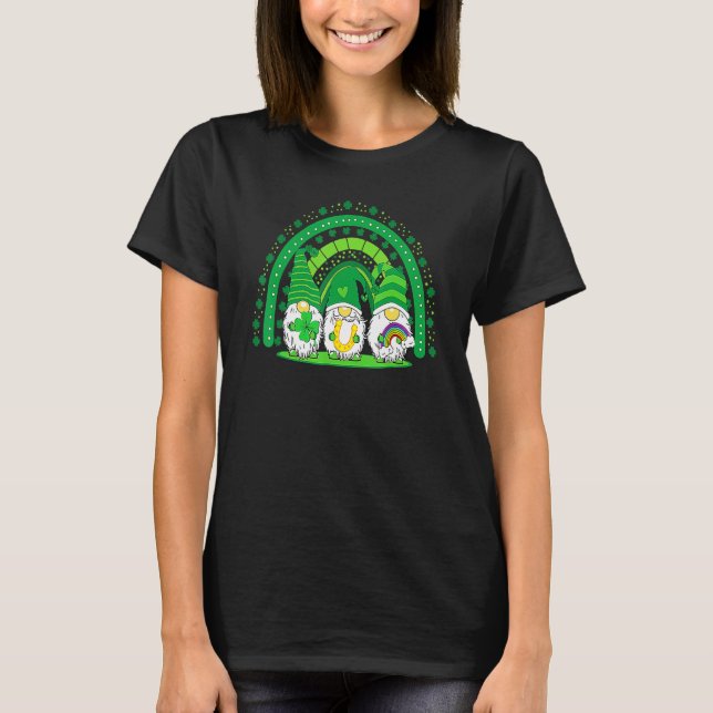 T-shirt Happy St Patrick's Day Three Gnomes Shamrock Rainb (Devant)