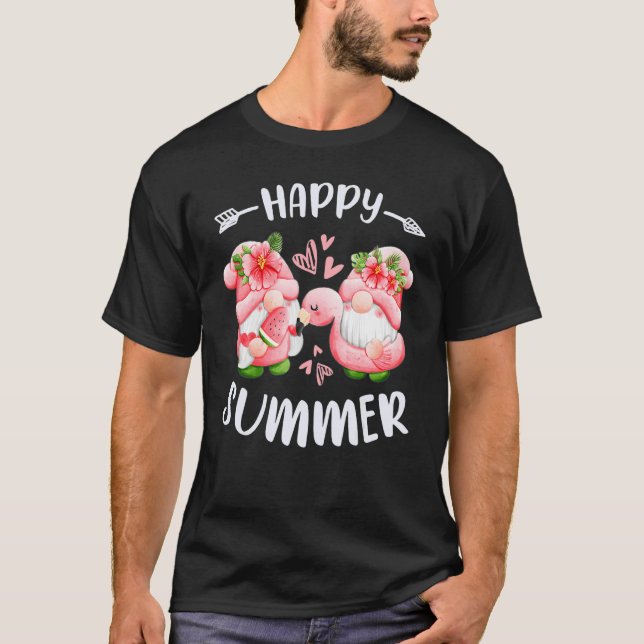 T-shirt Happy summer pink gnomes with flamingo swim ring (Devant)