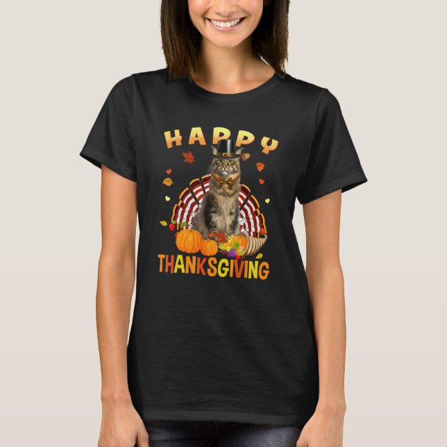 T-shirt Happy Thanksgiving Cat Turkey Pilgrim Hat   Holida (Devant)