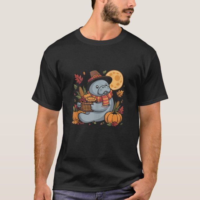 T-shirt Happy Thanksgiving Manatee with Pumpkin Pie Autumn (Devant)