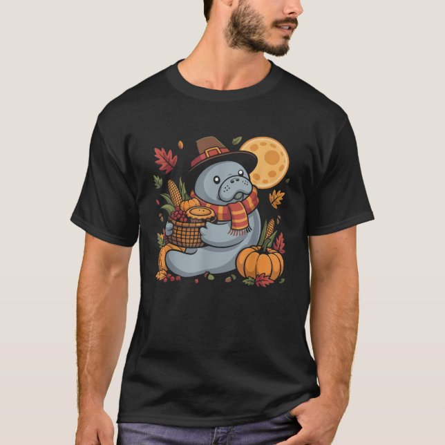 T-shirt Happy Thanksgiving Manatee with Pumpkin Pie Autumn (Devant)
