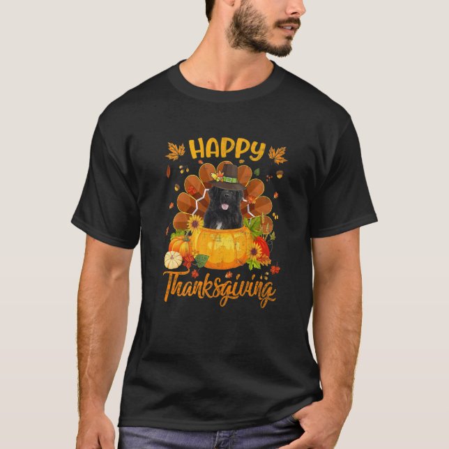 T-shirt Happy Thanksgiving Newfoundland Dog Turkey Pumpkin (Devant)