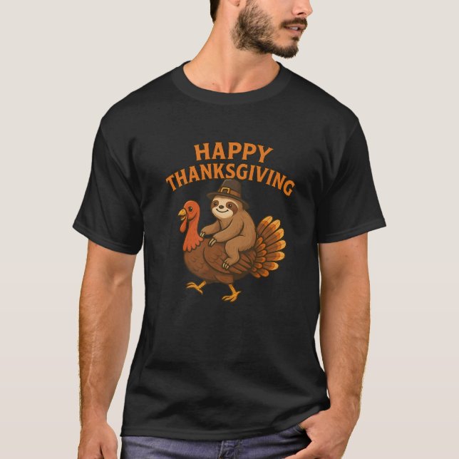 T-shirt Happy Thanksgiving Pilgrim Sloth on Turkey Premium (Devant)