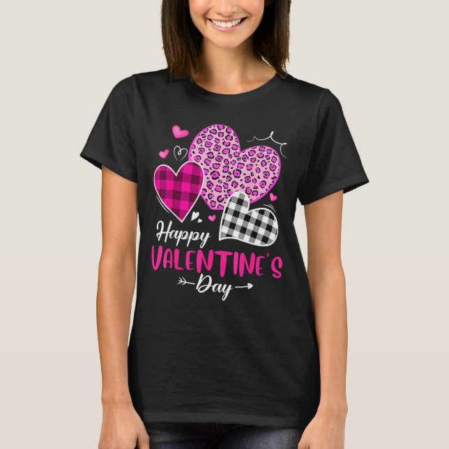 T-shirt Happy Valentine's Day Leopard And Plaid Hearts Gir (Devant)