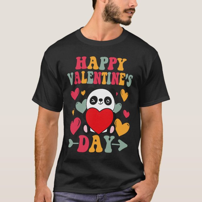 T-shirt Happy Valentines Day Panda Heart Love Groovy (Devant)