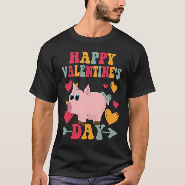 T-shirt Happy Valentines Day Pig Heart Love Groovy (Devant)