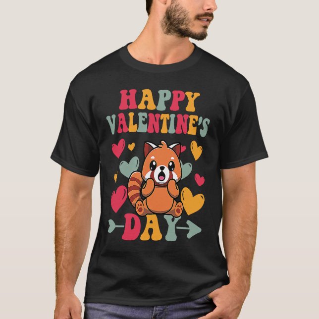 T-shirt Happy Valentines Day Red Panda Heart Love Groovy (Devant)