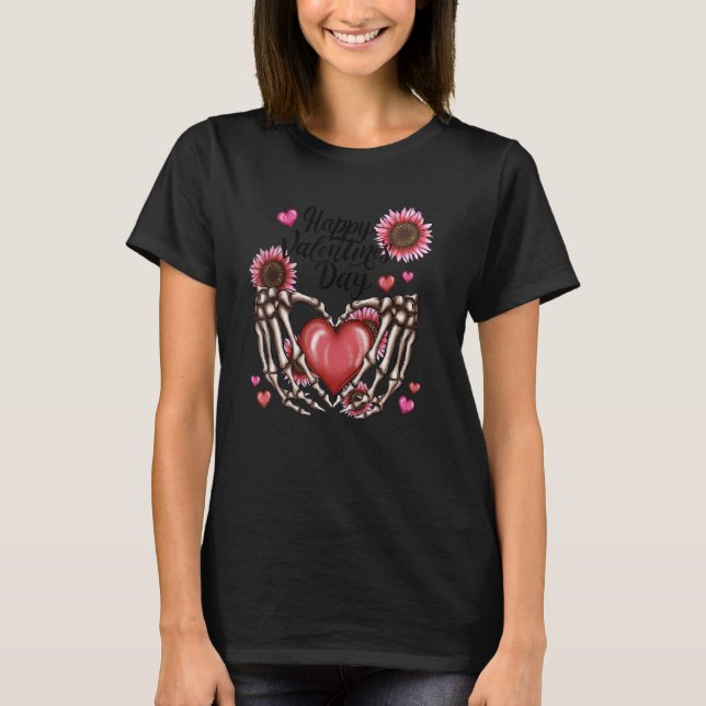 T-shirt Happy Valentine's Day Skeleton Hands Heart Love Su (Devant)