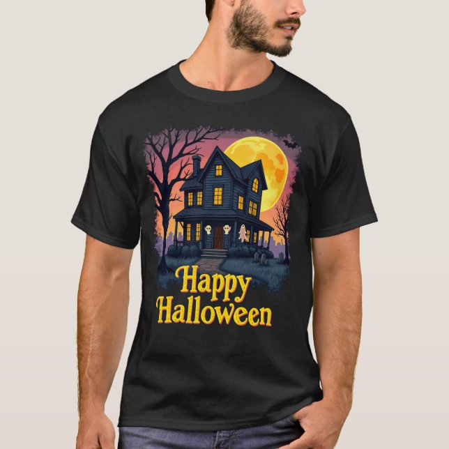 T-shirt Hauned House Ghosts Happy Halloween Tee (Devant)