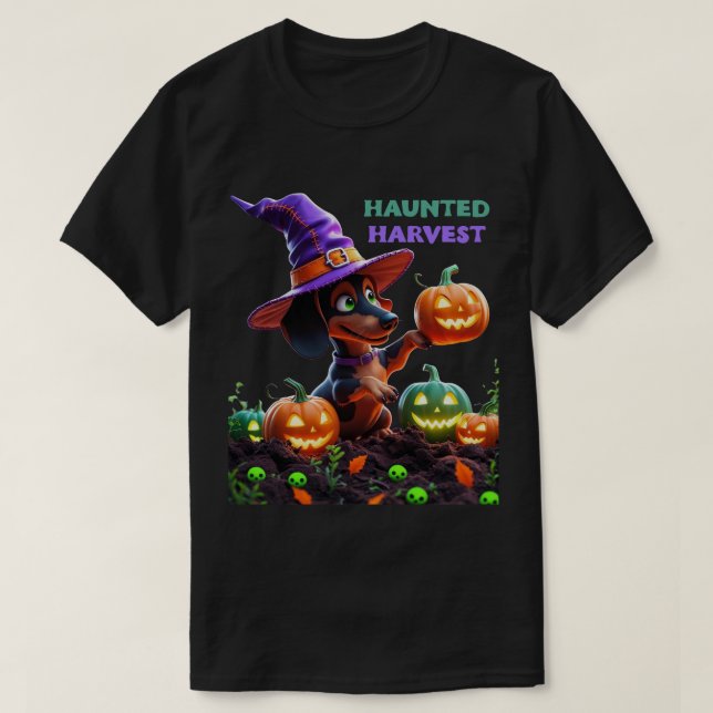 T-shirt Haunted Harvest – Witchy Dachshund Halloween Garde (Design devant)