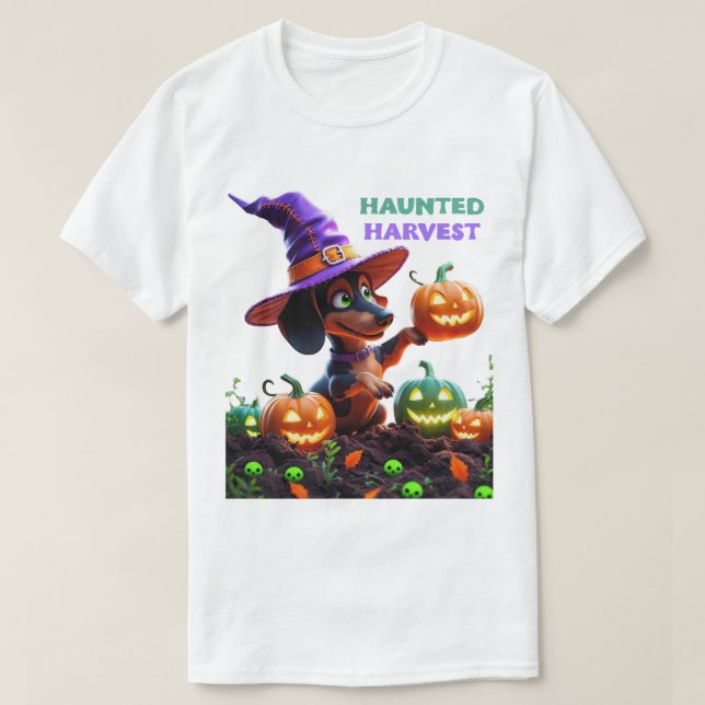 T-shirt Haunted Harvest – Witchy Dachshund Halloween Garde (Design devant)