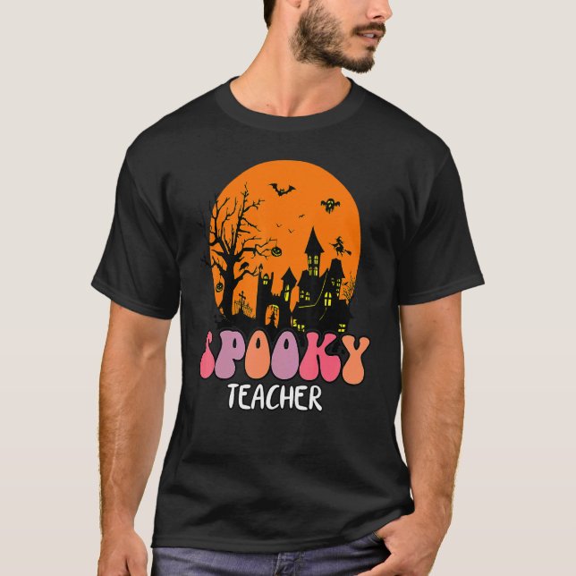 T-shirt Haunted House Moon Night Groovy Spooky Teacher 4 (Devant)