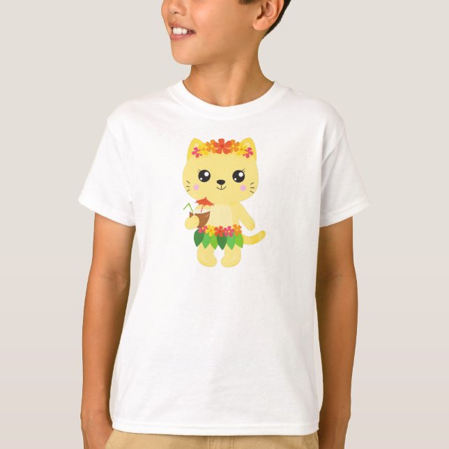 T-shirt Hawaii Chat, Cute Chat, Chat Jaune, Fleurs, Luau (Devant)