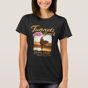 T-shirt Hawaii KAUAI Tunnels Plage Surfboard Girl Hawaiian