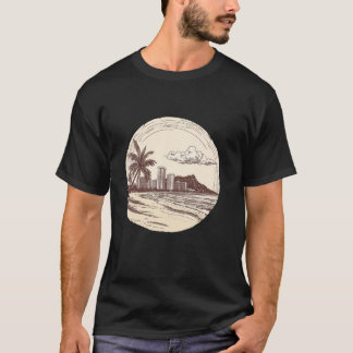 T-shirt Hawaii Oahu Honolulu Waikiki Volcan Surf Rétro