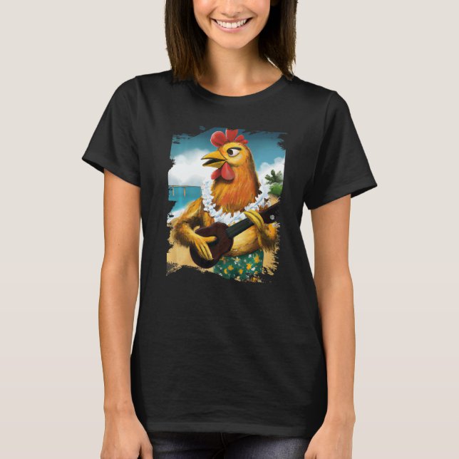 T-shirt Hawaiian Aloha Chicken Playing Ukulele Beach (Devant)