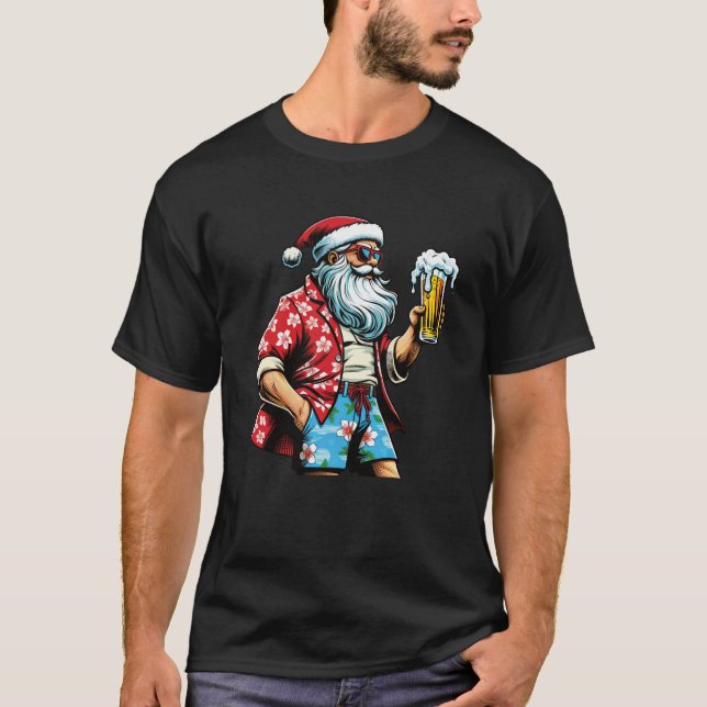 T-shirt Hawaiian Christmas for Men Santa Beach Beer Lover  (Devant)