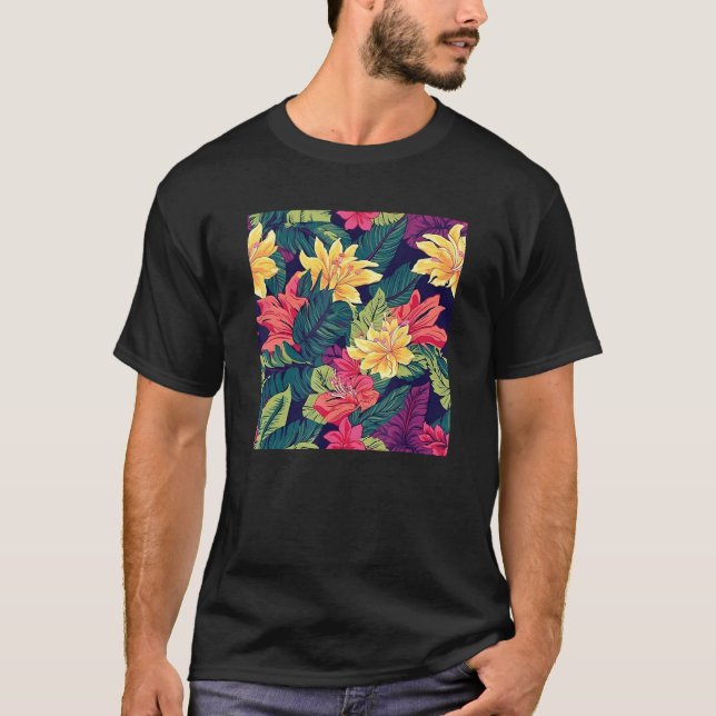 T-shirt Hawaiian Tropical Flower Leaf Pattern Beach Vacati (Devant)