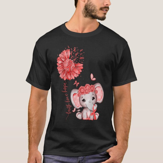T-shirt Heart Disease Cute Elephant With Sunflower And Red (Devant)