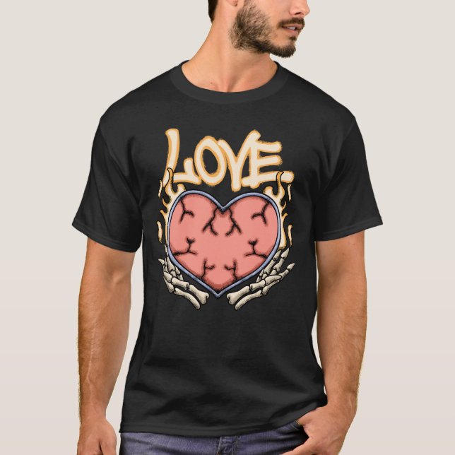 T-shirt Heart with Flames and Skeleton Hands streetwear  (Devant)
