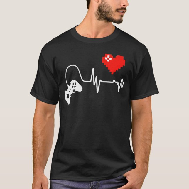 T-shirt Heartbeat Pixel Love for Gamers and Console Addict (Devant)