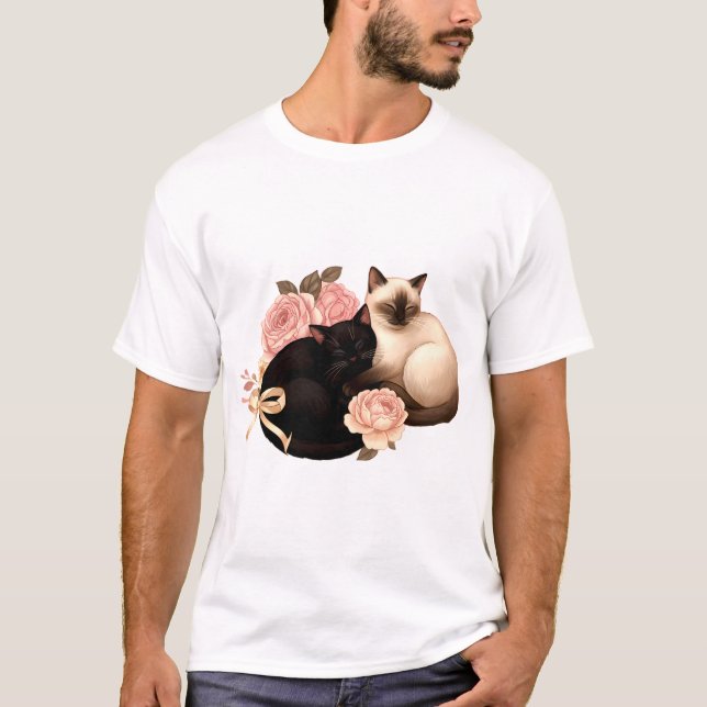T-shirt Heartbound: Siamese & Black Cats in Bloom (Devant)