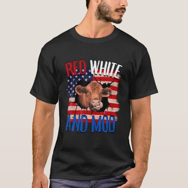T-shirt Heifer Red White Moo Highland Cow 4E Juillet Indep (Devant)