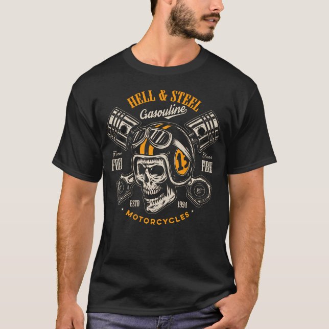 T-shirt Hell And Steel Biker Skull Motorcycle Hommes (Devant)