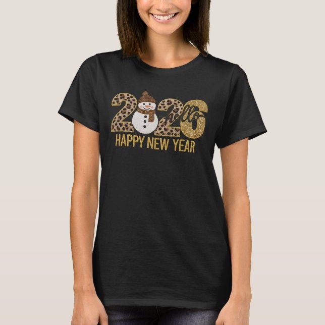 T-shirt Hello 2026 Leopard Glitter Snowman New Year Tee (Devant)