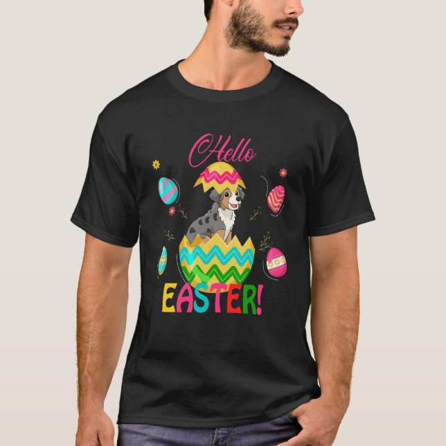 T-shirt Hello Easter Australian Shepherd Inside Chocolate  (Devant)