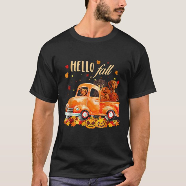 T-shirt Hello Fall Funny Dachshund  Halloween pumkin  (Devant)