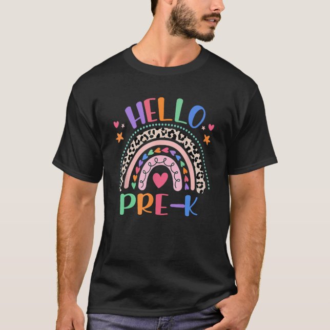 T-shirt Hello Pre K Leopard Boho Rainbow 1st Day Of School (Devant)