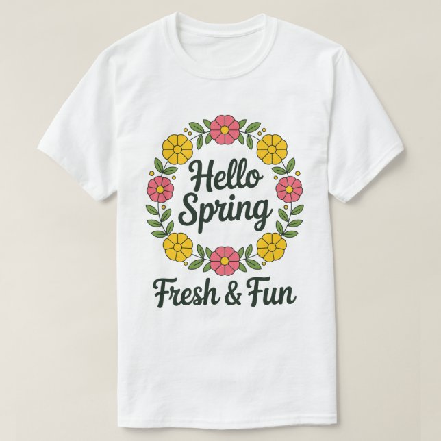 T-shirt Hello Spring – Floral Wreath Circle Pastel Tee (Design devant)