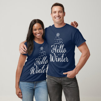 T-shirt Hello Winter Minimaliste Snowflake Tree Script