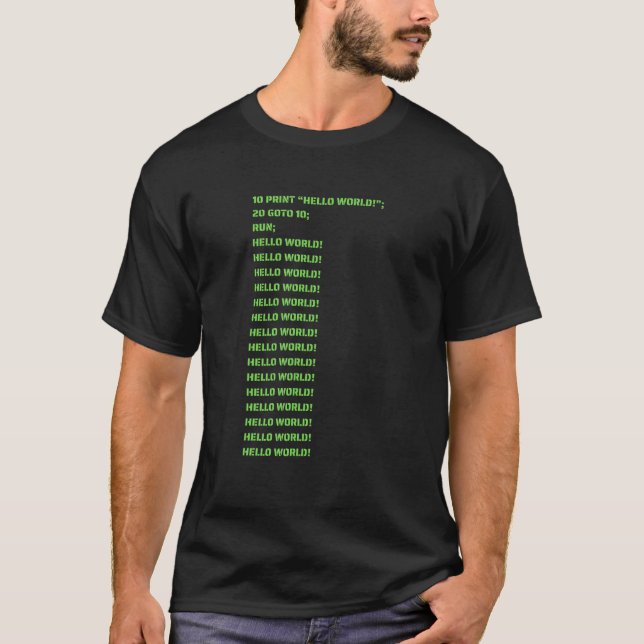 T-shirt Hello World BASIC Langue Première Codage Monochrom (Devant)